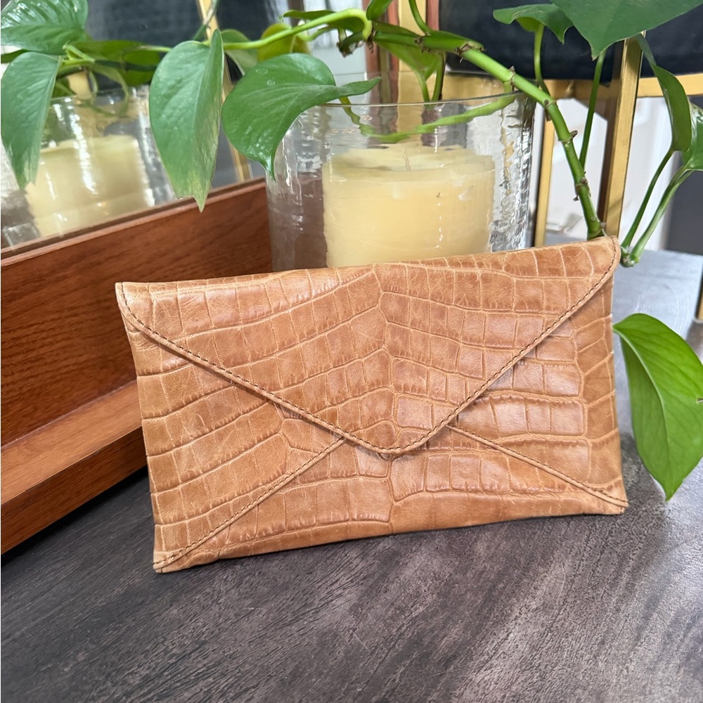 Michael Kors tan crocodile embossed leather envelope clutch